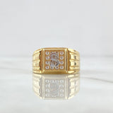 Anillo Sello Signo Dólar 10gr / T11 1/2 / Cuadro Basteado Circones Blancos Dos Oros Amarillo Blanco 18K