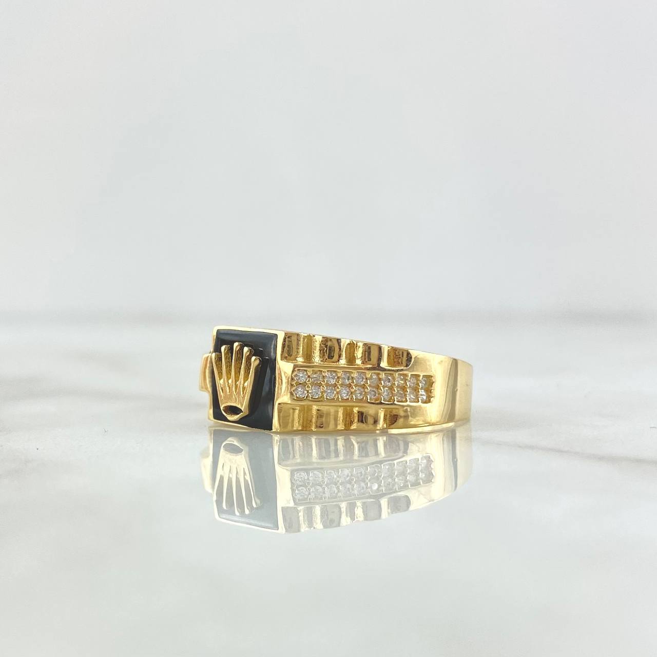 Anillo Sello Corona RX 4.25gr / T10 1/2 / Resina Negra Circones Blancos Oro Amarillo 18K