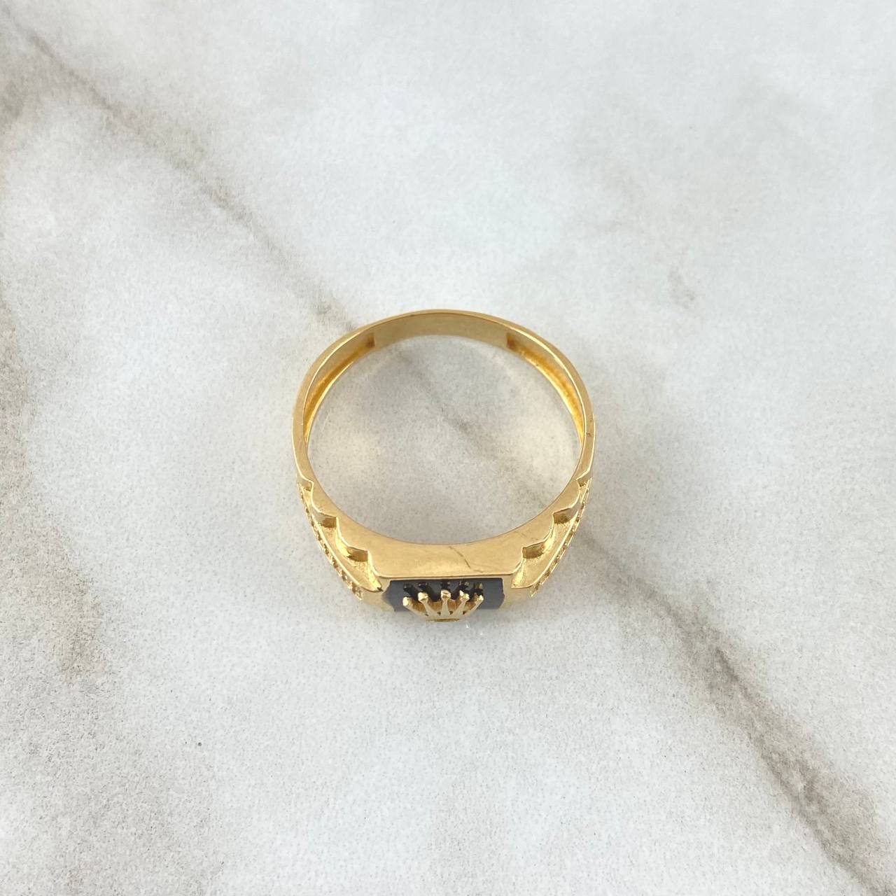 Anillo Sello Corona RX 4gr / T9 3/4 / Resina Negra Circones Blancos Oro Amarillo 18K