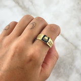 Anillo Sello Corona RX 4gr / T9 3/4 / Resina Negra Circones Blancos Oro Amarillo 18K