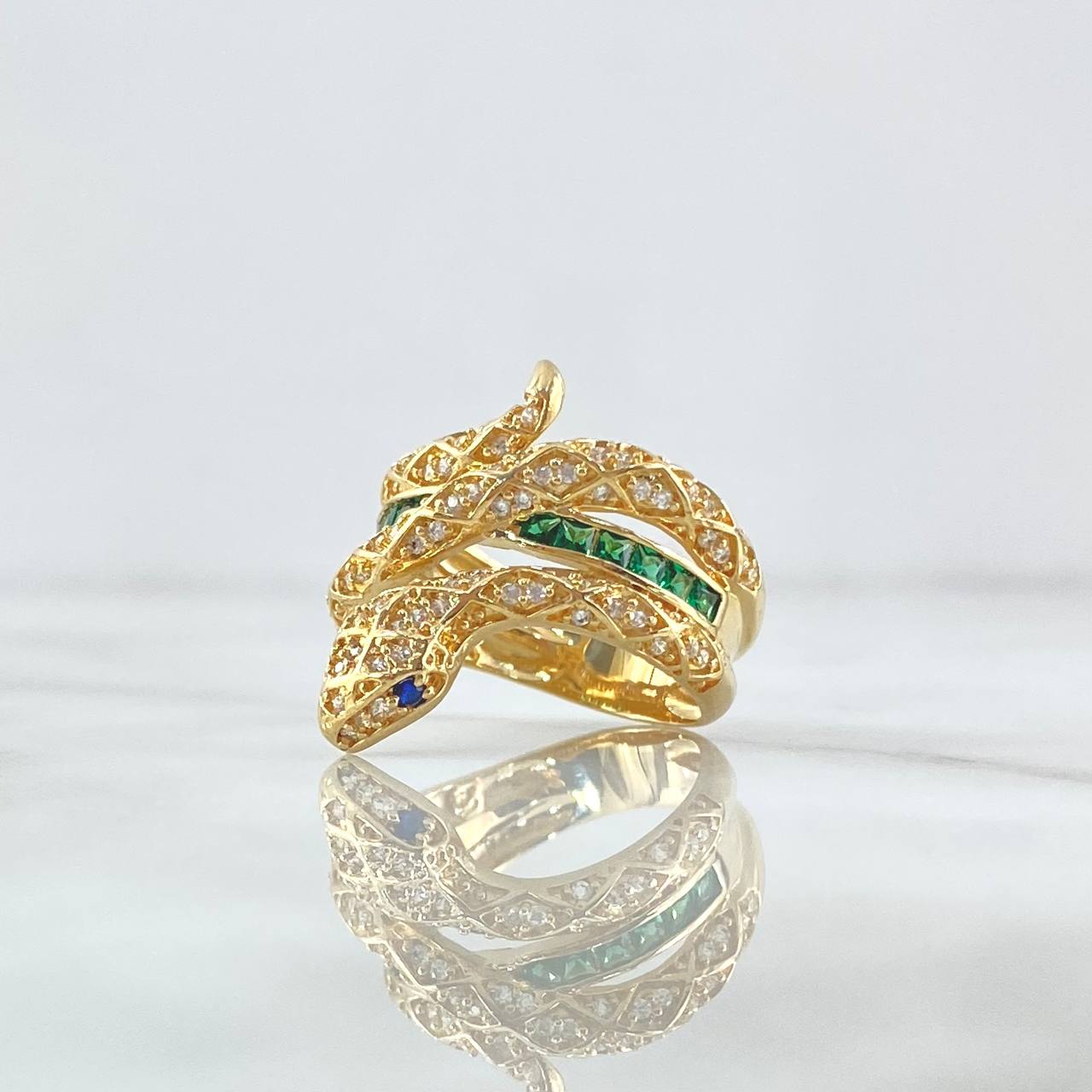 Anillo Serpiente Media Churumbela 7.15gr / T7 1/2 / Circones Blancos Verdes Y Azules Oro Amarillo 18K