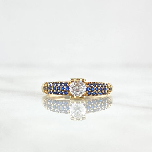 Anillo Solitario Oso TS 2.05gr / T6 3/4 / Circones Azules Y Blanco Oro Amarillo 18K