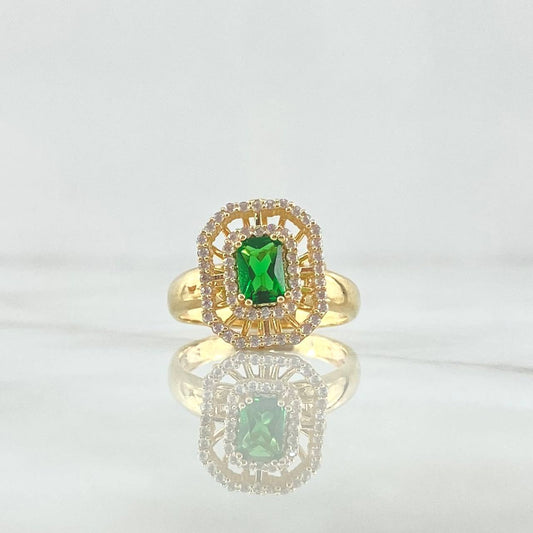 Anillo Solitario Halo En Doble Cuadro 3.8gr / T5 3/4 / Circones Blancos Y Verde Oro Amarillo 18K