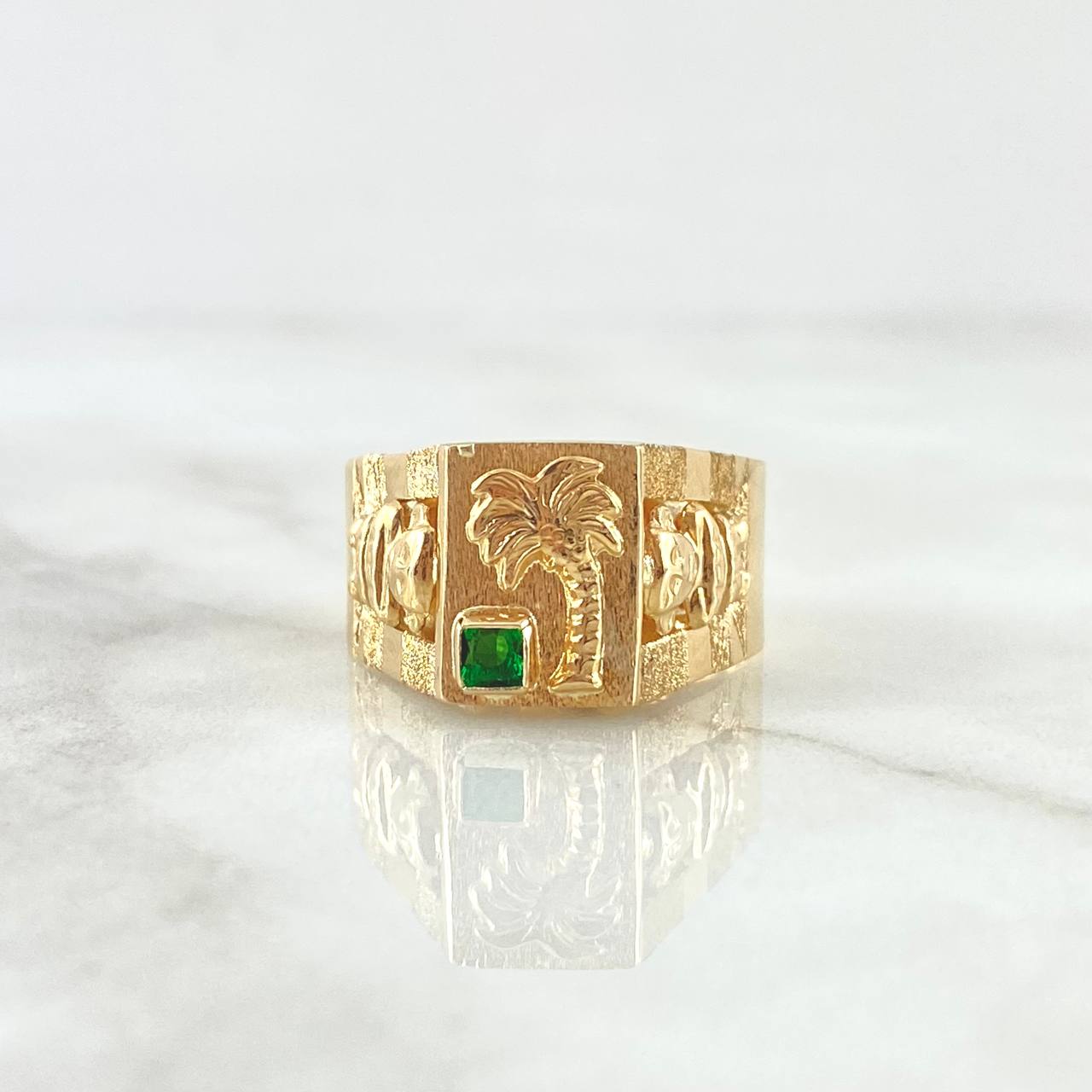 Anillo Sello Palmera Quimbaya 4.65gr / T9 3/4 / Circon Verde Oro Amarillo 18K