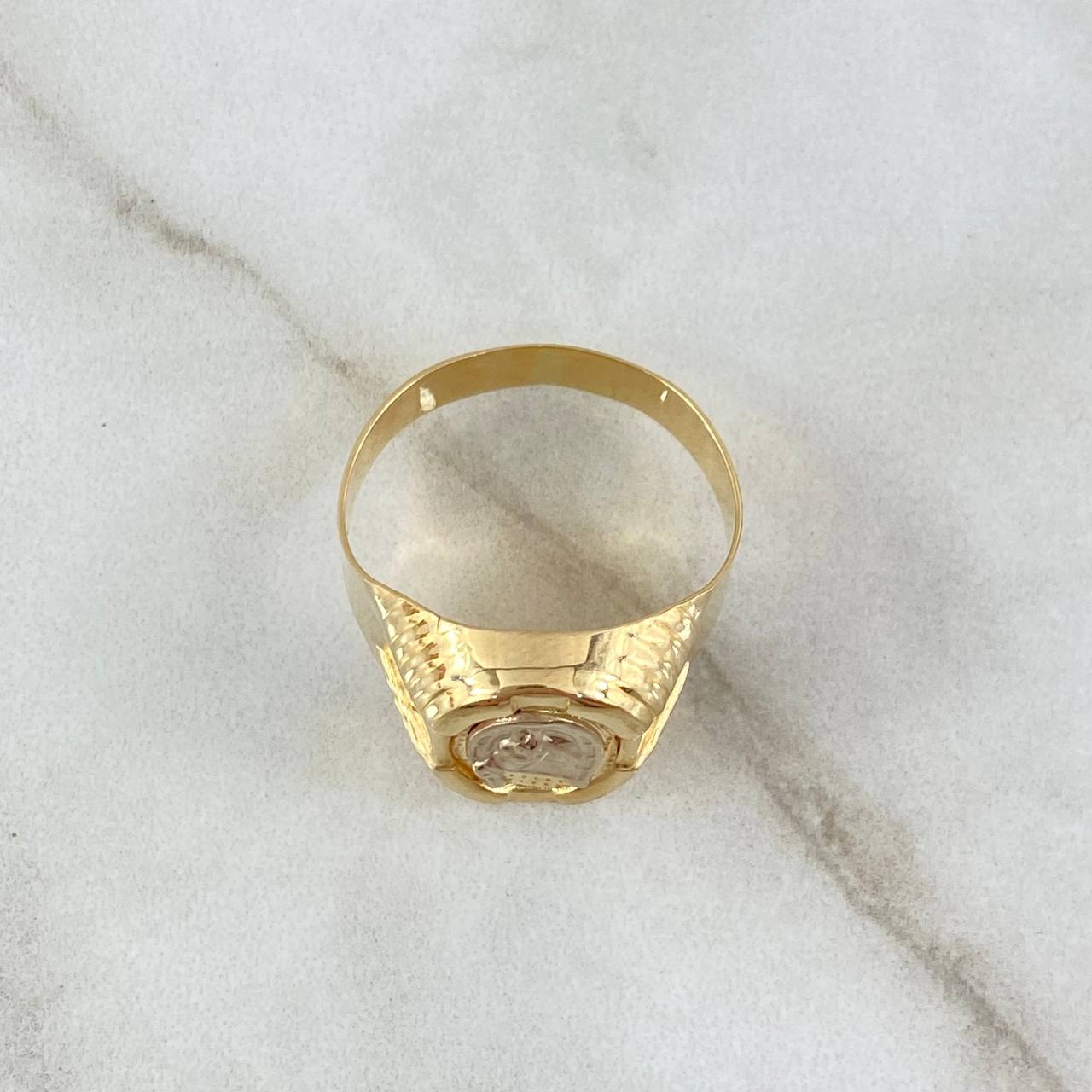 Anillo Sello Herradura Caballo 3.75gr / T9 1/4 / Ovalo Texturizado Dos Oros Amarillo Blanco 18K