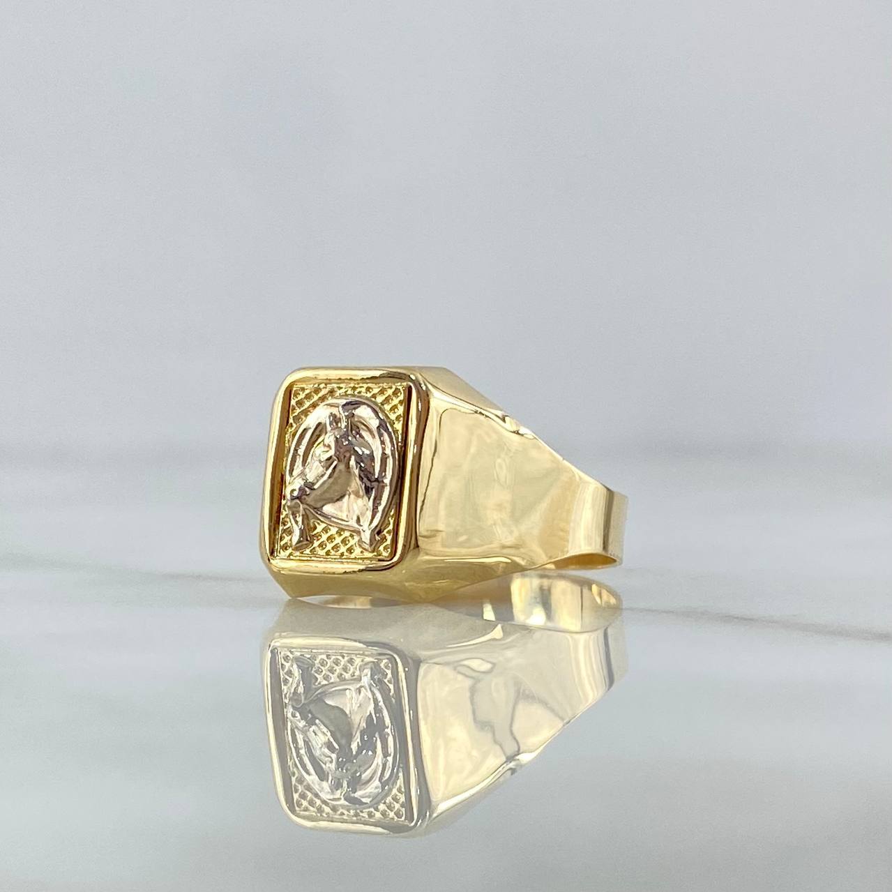 Anillo Sello Herradura Caballo 3.5gr / T11 / Rectangulo Texturizado Dos Oros Amarillo Blanco 18K