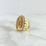 Anillo Virgen Guadalupe Silueta 11.1gr / T8 1/2 / Circones Blancos Verdes Y Fucsias Dos Oros Amarillo Blanco 18K