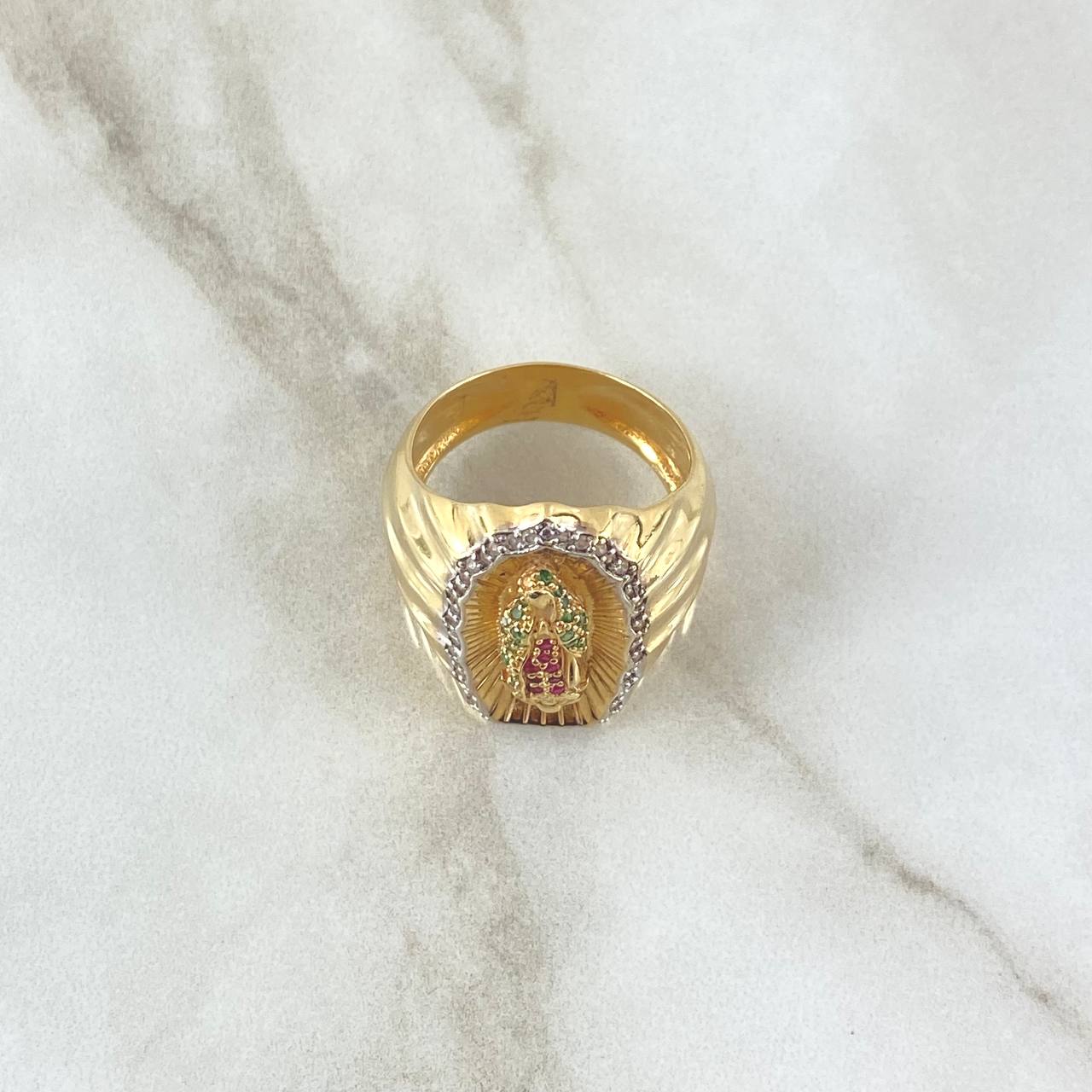 Anillo Virgen Guadalupe Silueta 11.1gr / T8 1/2 / Circones Blancos Verdes Y Fucsias Dos Oros Amarillo Blanco 18K