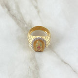 Anillo Virgen Guadalupe Silueta 11.1gr / T8 1/2 / Circones Blancos Verdes Y Fucsias Dos Oros Amarillo Blanco 18K