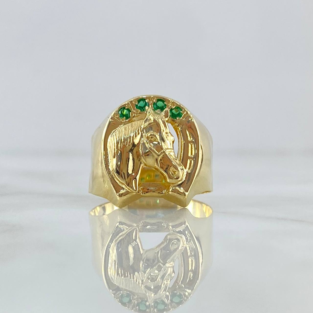 Anillo Sello Herradura Caballo 3.3gr / T8 1/2 / Circones Verdes Oro Amarillo 18K