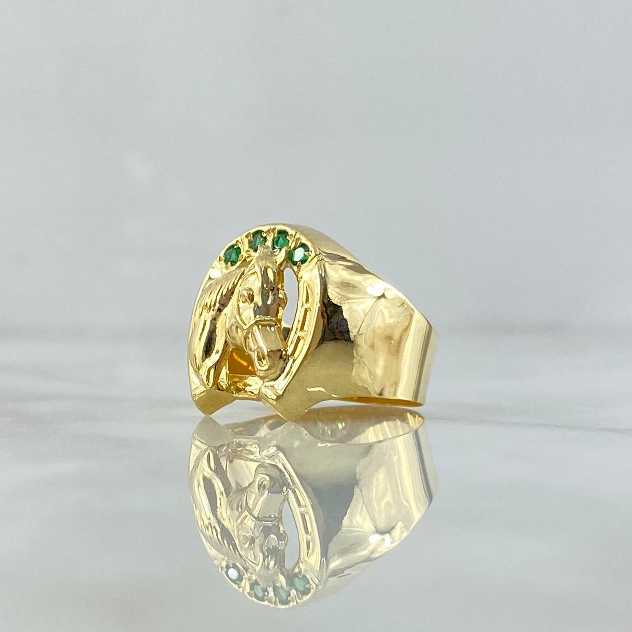 Anillo Sello Herradura Caballo 3.3gr / T8 1/2 / Circones Verdes Oro Amarillo 18K