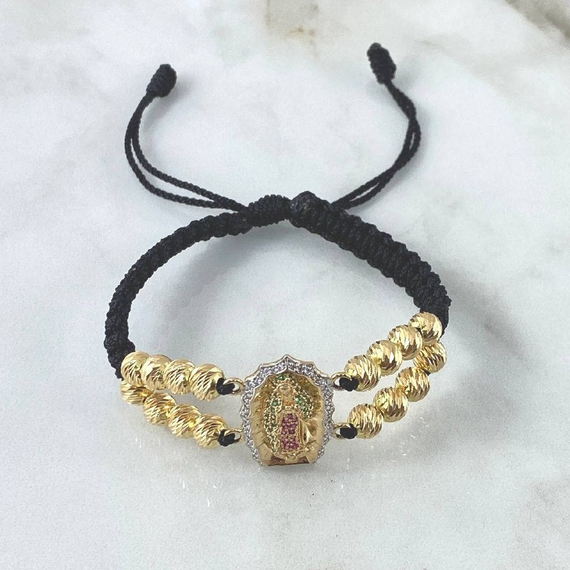 Pulsera Negra Herraje Virgen Guadalupe 8.4gr / 6mm Bolas Diamantadas 16 Und Oro Amarillo 18K *