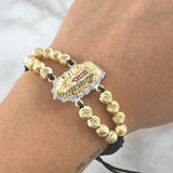 Pulsera Negra Herraje Virgen Guadalupe 8.4gr / 6mm Bolas Diamantadas 16 Und Oro Amarillo 18K *