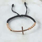 Pulsera Negra Herraje Cruz Circones Negros 4gr / 5mm Bolas Diamantadas 12 Und Oro Rosa 18K *