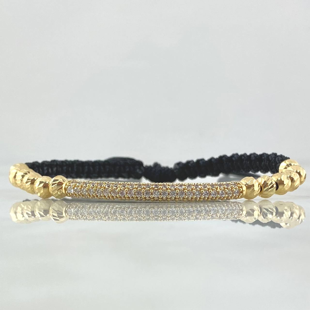 Pulsera Negra Herraje Cilindro Curvo 5gr / 5mm Bolas Diamantadas 12 Und Oro Amarillo 18K ©