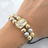 Pulsera Negra Herraje Rostro Cristo - Cruz 12.7gr / 8mm Bolas Diamantadas 12 Und Dos Oros Amarillo Blanco 18K *