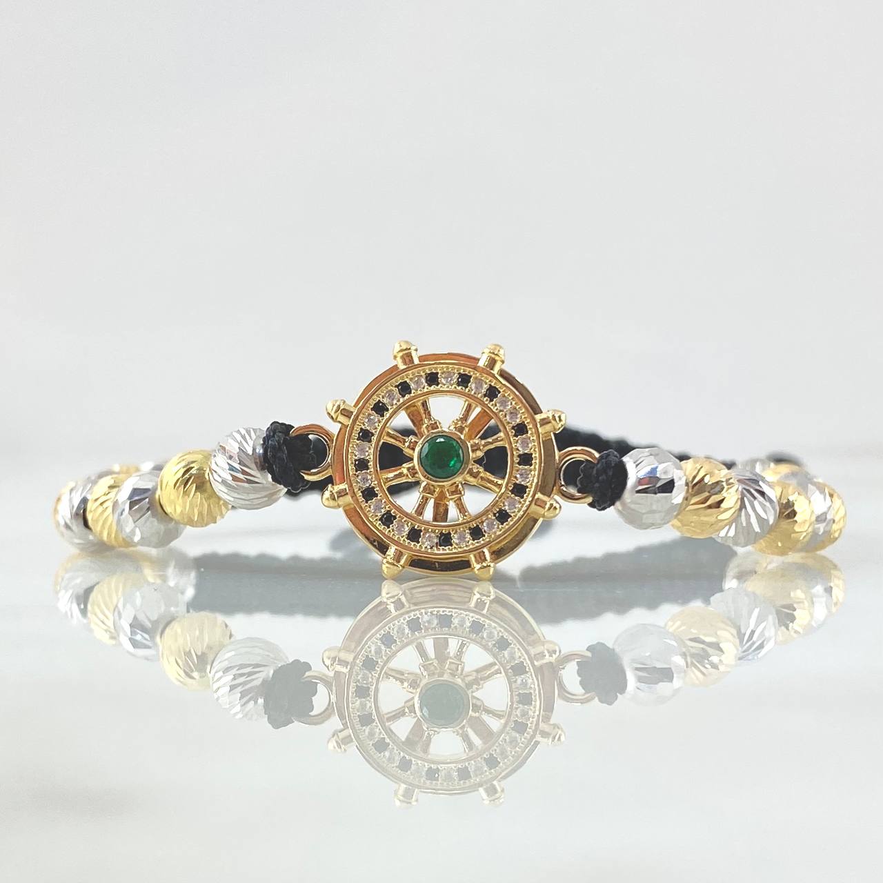 Pulsera Negra Herraje Timon 7.7gr / 6mm Bolas Diamantadas 18 Und Dos Oros Amarillo Blanco 18K *