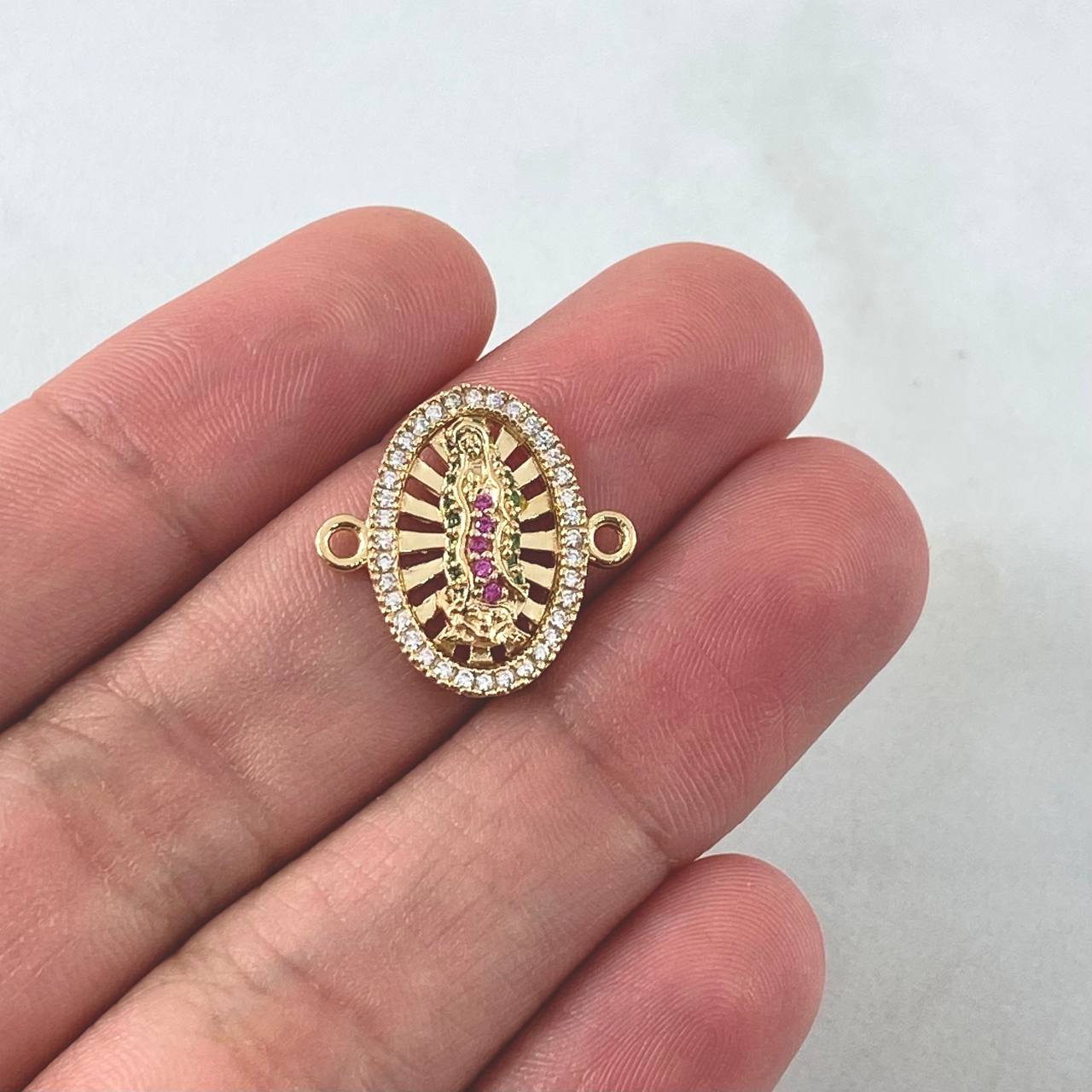 Herraje Virgen Guadalupe 2.35gr / 1.8cm / Ovalo - Circones Blancos - Verdes - Fucsias Oro Amarillo 18K