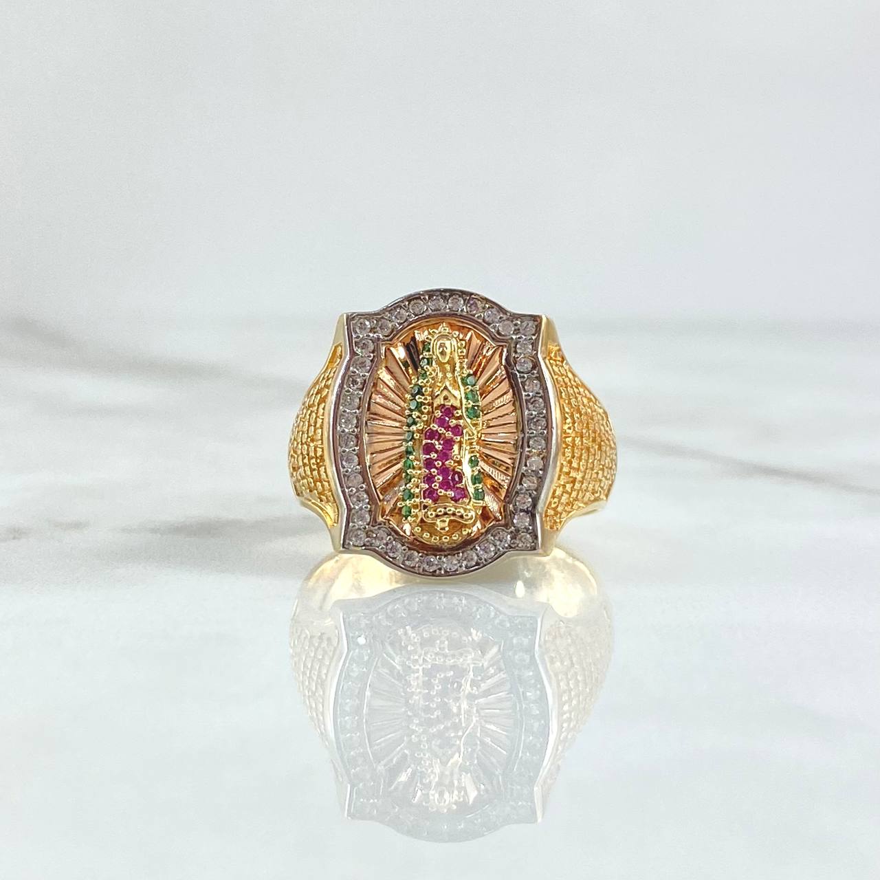 Anillo Virgen Guadalupe 10gr / T10 3/4 / Avemaria Circones Verdes Fuscias Blancos Oro Amarillo 18K ©