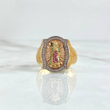 Anillo Virgen Guadalupe 10gr / T10 3/4 / Avemaria Circones Verdes Fuscias Blancos Oro Amarillo 18K ©