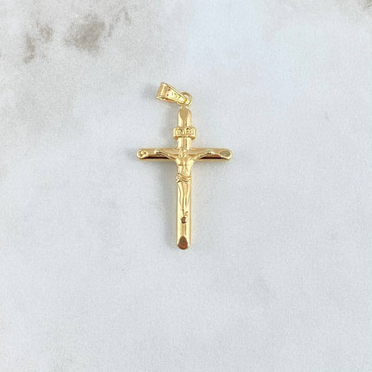 Dije Cruz Cristo Puntas Planas 1.4gr / 3.7cm / Cargador Liso Oro Amarillo 18K