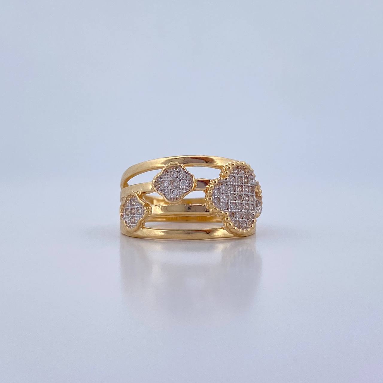 Anillo Lineas Treboles 4.25gr / T6 1/2 / Circones Blancos Oro Amarillo 18K &