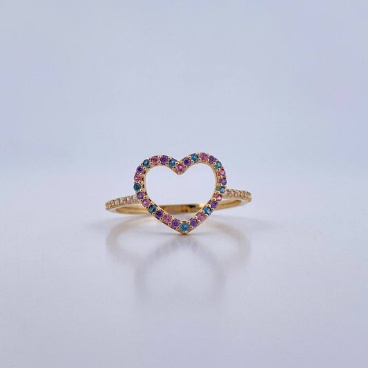 Anillo Silueta Corazon 1.55gr / T6 3/4 / Circones Rosados Morados Blancos Oro Amarillo 18K &