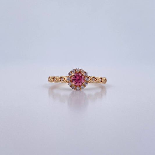 Anillo Solitario Halo 1.8gr / T7 1/4 / Circones Rosado Blancos Oro Amarillo 18K &