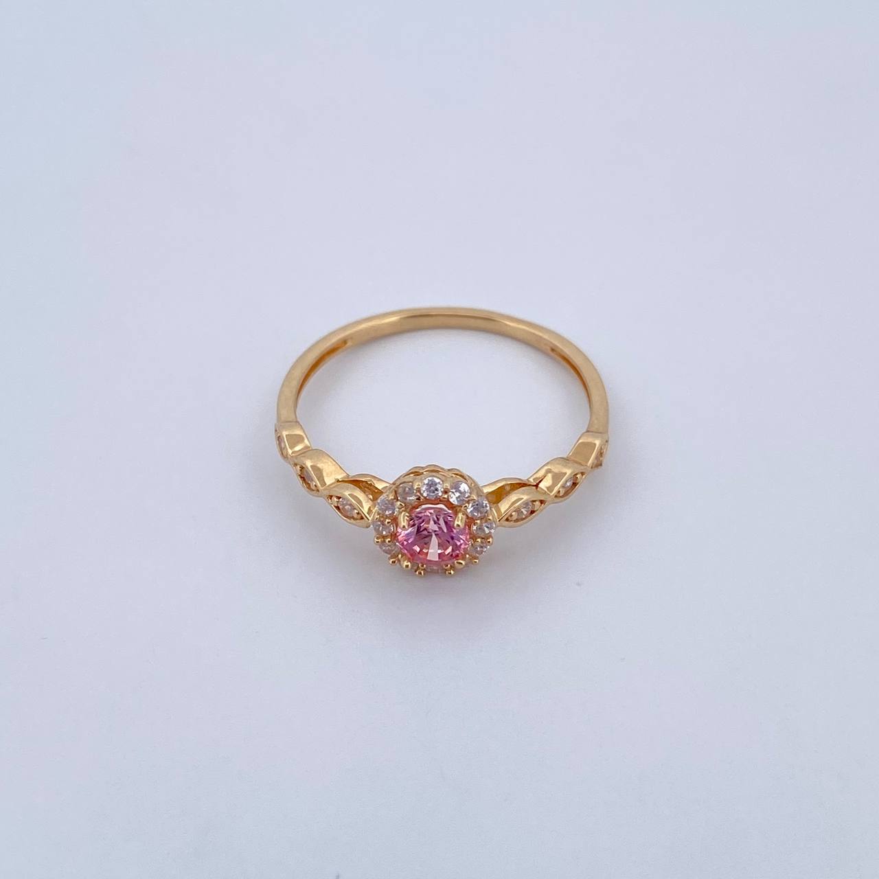 Anillo Solitario Halo 1.8gr / T7 1/4 / Circones Rosado Blancos Oro Amarillo 18K &