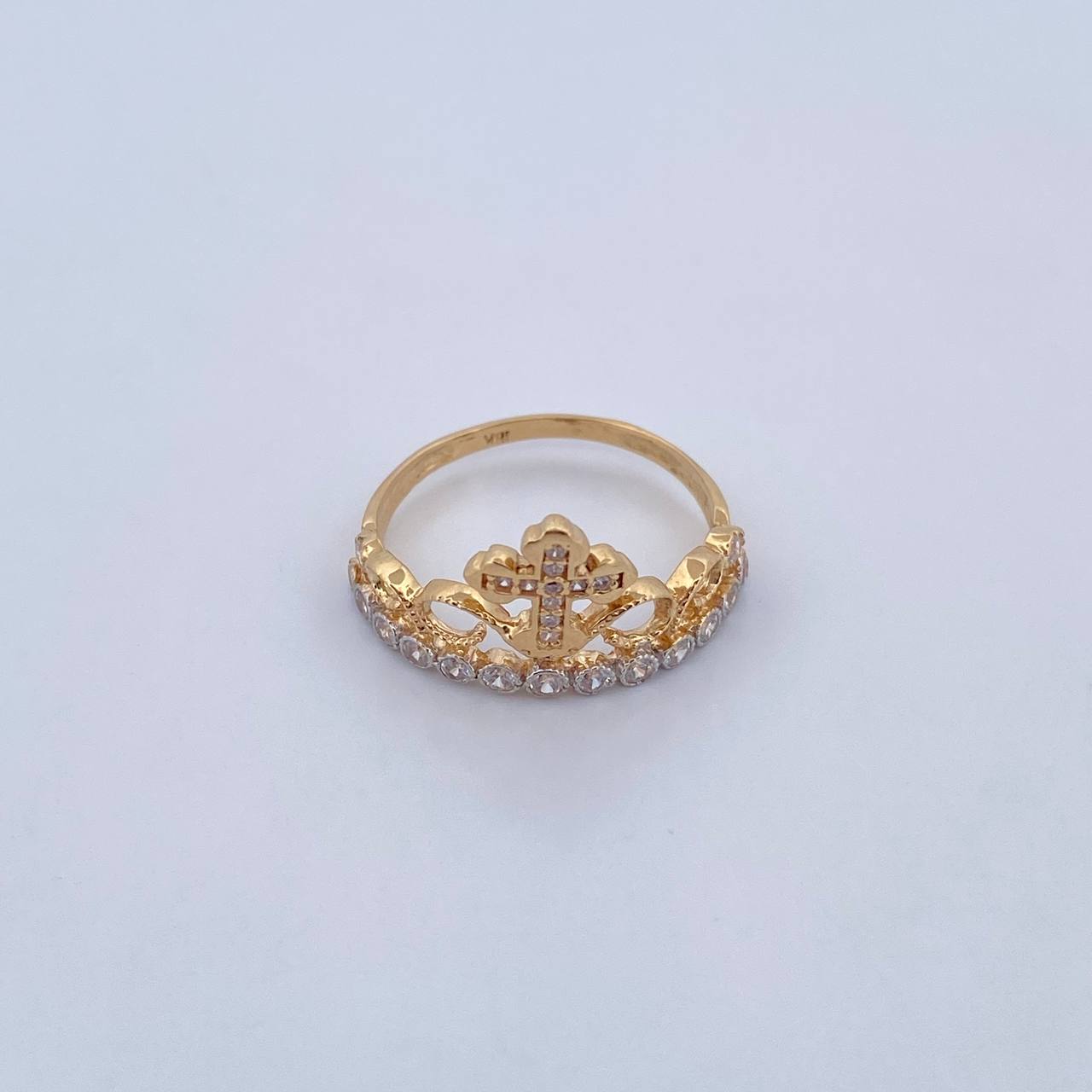 Anillo Corona Cruz 2.5gr / T8 / Circones Blancos Dos Oros Amarillo Blanco 18K &