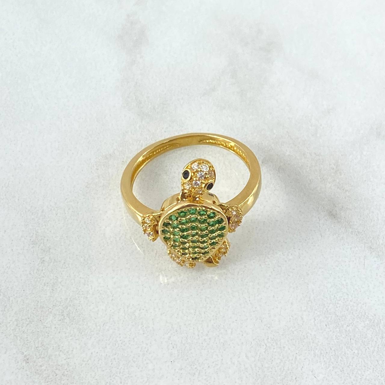 Anillo Tortuga 3.4gr / T5 1/4 / Circones Blancos - Verdes - Ojos Negros Oro Amarillo 18K