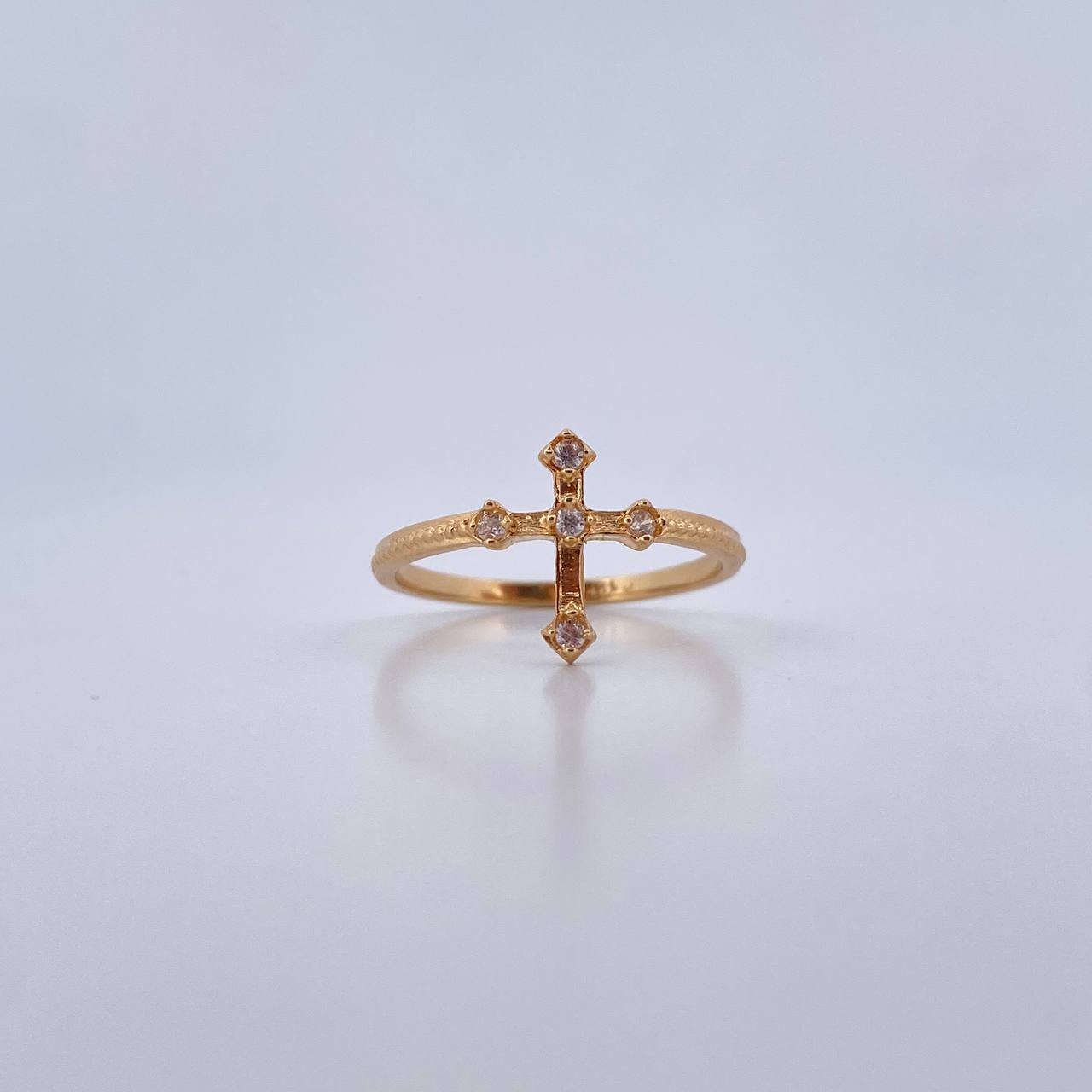 Anillo Cruz Gotica 1.7gr / T6 1/4 / Circones Blancos Oro Amarillo 18K &