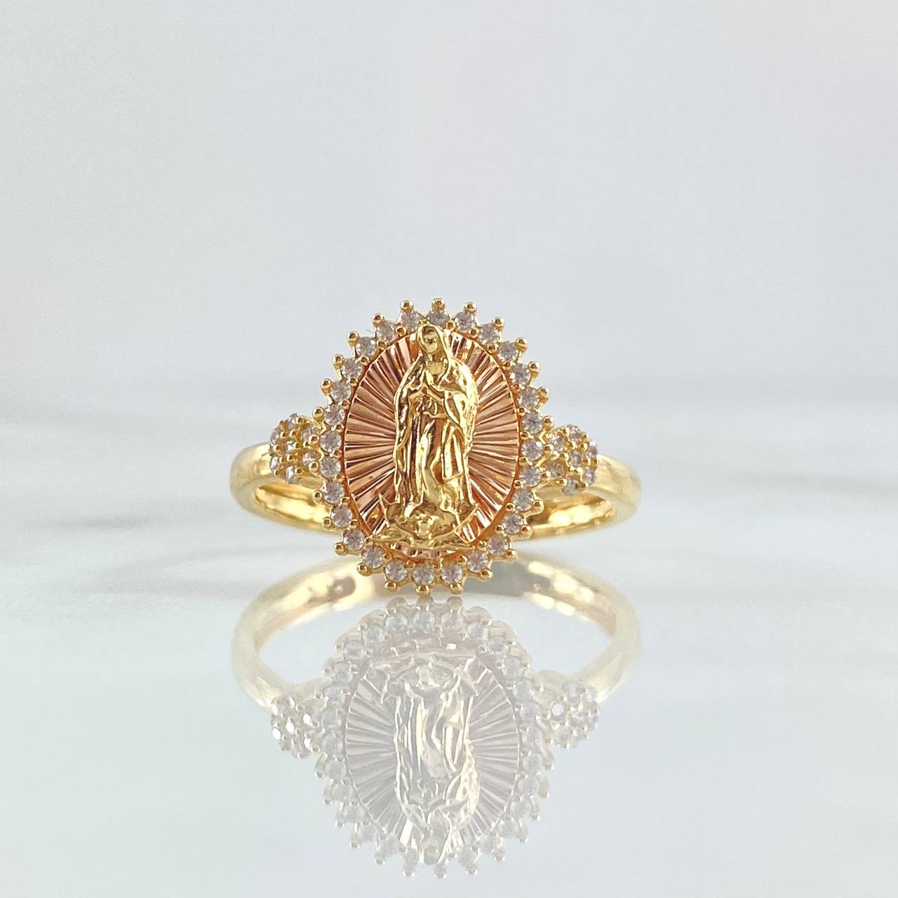 Anillo Virgen Guadalupe Flores 4.15gr / T8 1/4 / Circones Blancos Dos Oros Amarillo Rosa 18K