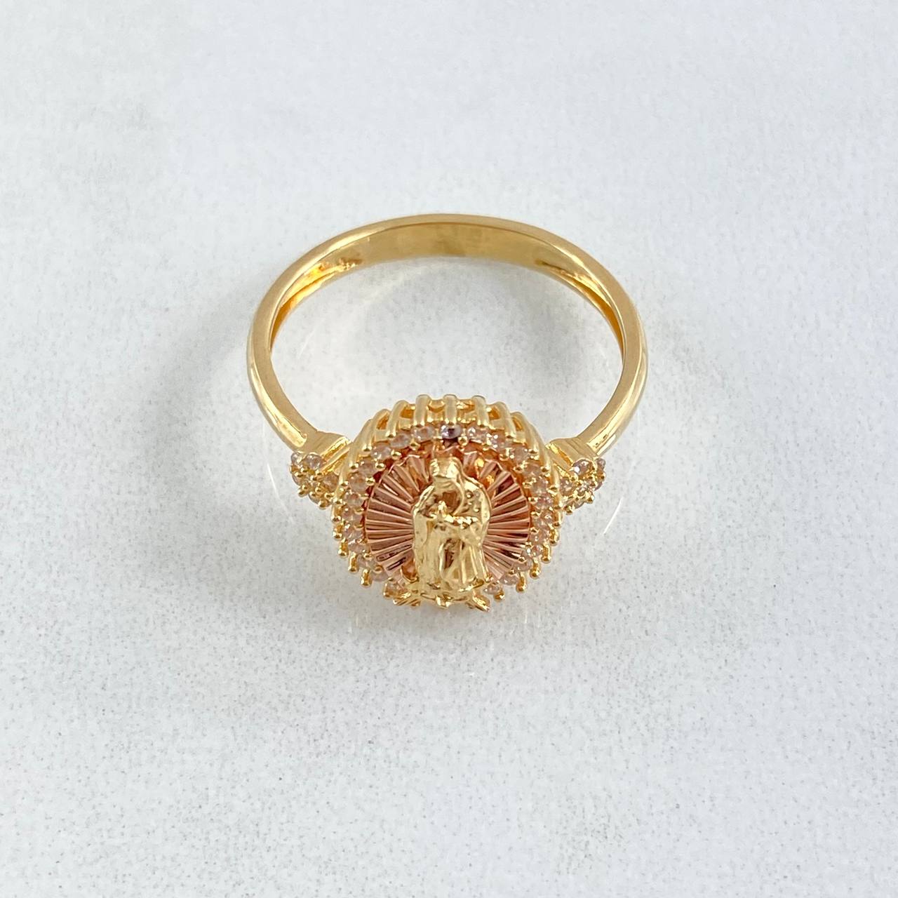 Anillo Virgen Guadalupe Flores 4.15gr / T8 1/4 / Circones Blancos Dos Oros Amarillo Rosa 18K