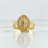 Anillo Virgen Guadalupe 4.05gr / T7 3/4 / Cruz Basteada - Circones Blancos Oro Amarillo 18K