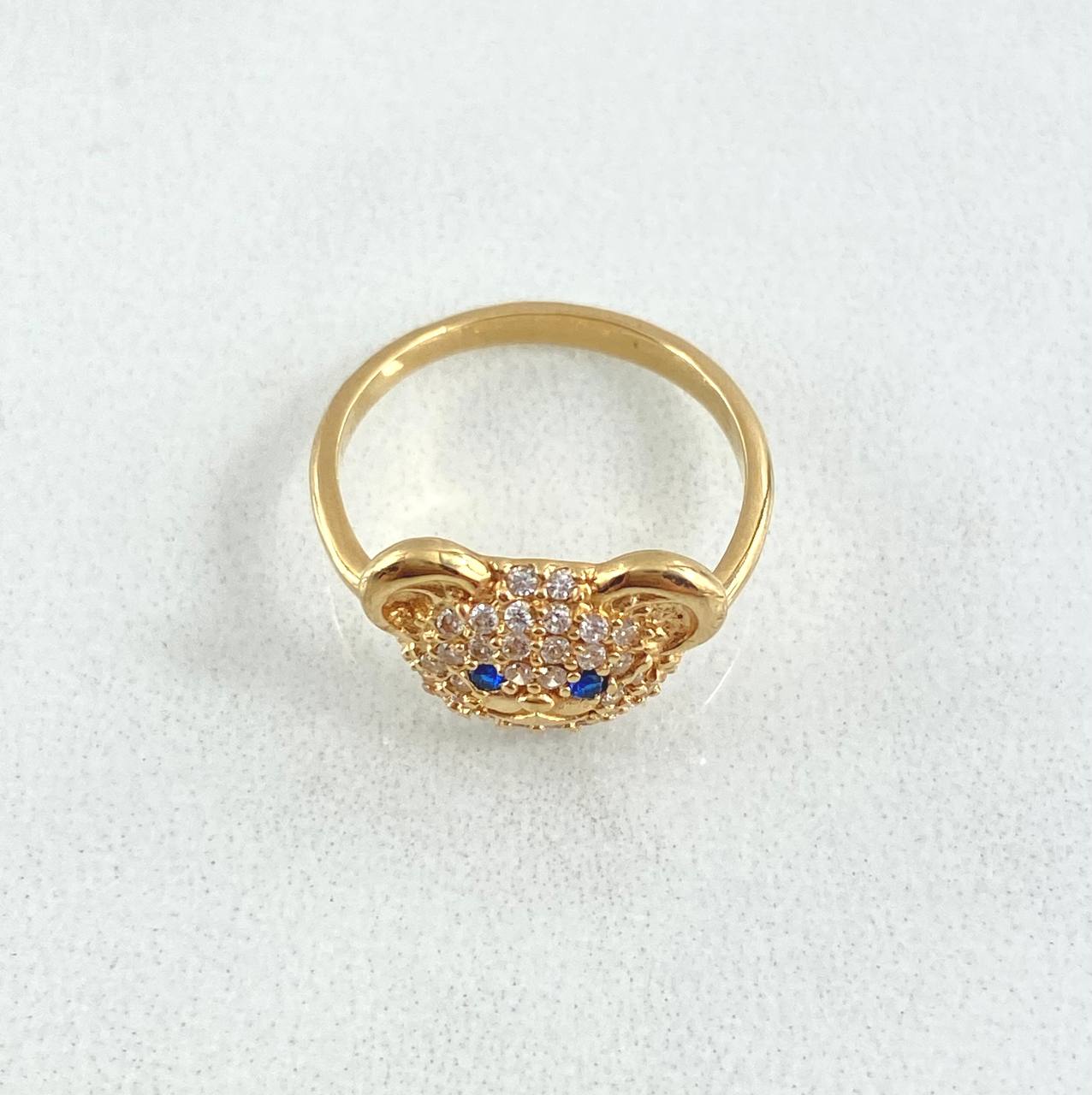 Anillo Rostro Oso 2.05gr / T3 1/2 / Circones Blancos - Ojos Azules Oro Amarillo 18K