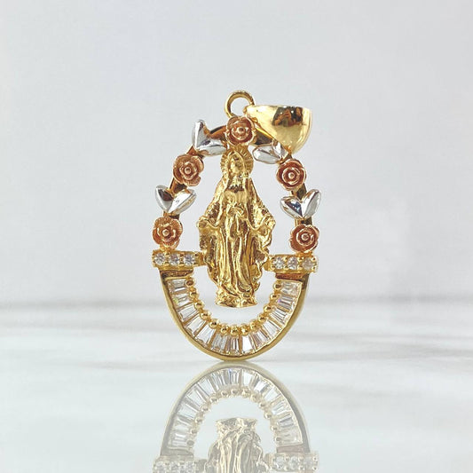 Dije Virgen Milagrosa 9.5gr / 4.4cm / Circones Blancos Tres Oros 18K