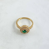 Anillo Solitario Halo Circular Tupido 3.85gr / T6 1/4 / Circones Blancos - Verde Oro Amarillo 18K