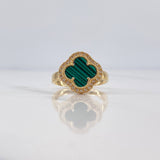 Anillo Trebol VCyA 3.95gr / T7 1/4 / Malaquita Verde Circones Blancos Oro Amarillo 18K &