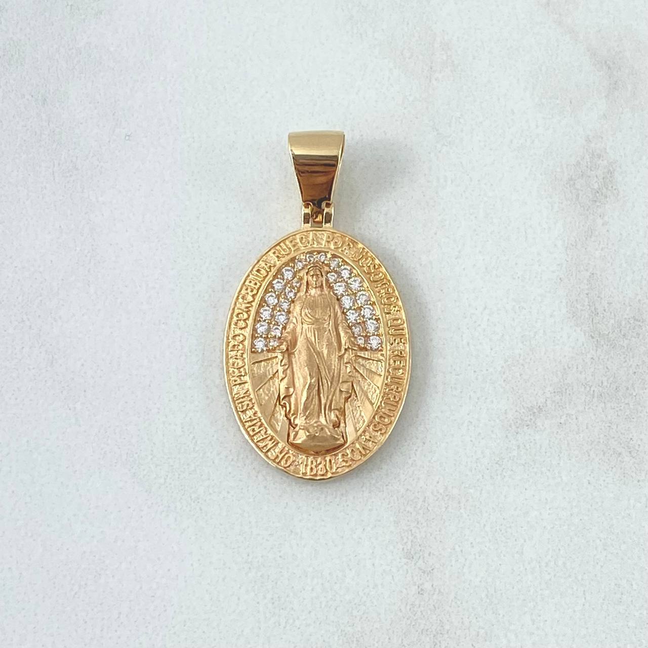 Dije Virgen Milagrosa Ovalo 4.3gr / 3.1cm / Mate Texturizada Circones Blancos Oro Amarillo 18K ©