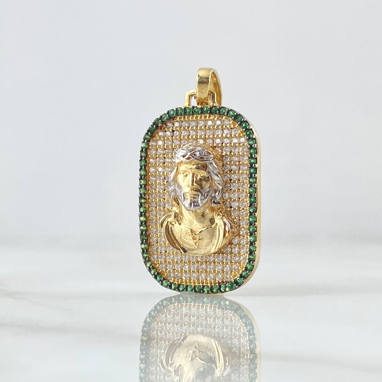 Dije Placa Rostro de Cristo 6.6gr / 3.4cm / Circones Blancos Verdes Oro Amarillo 18K ©