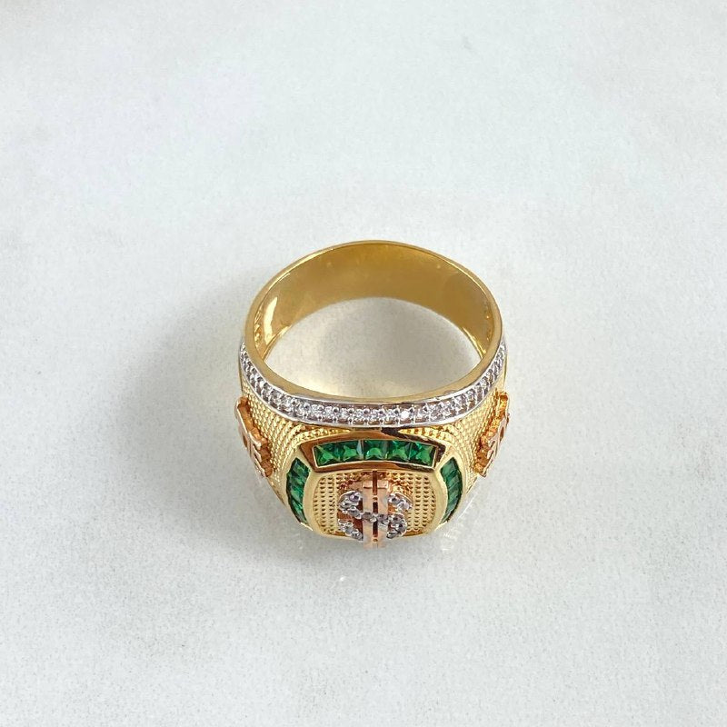 Anillo Cuadro Dólar Coronado 11.6gr / T10 1/4 / Circones Blancos Verdes Tres Oros 18K