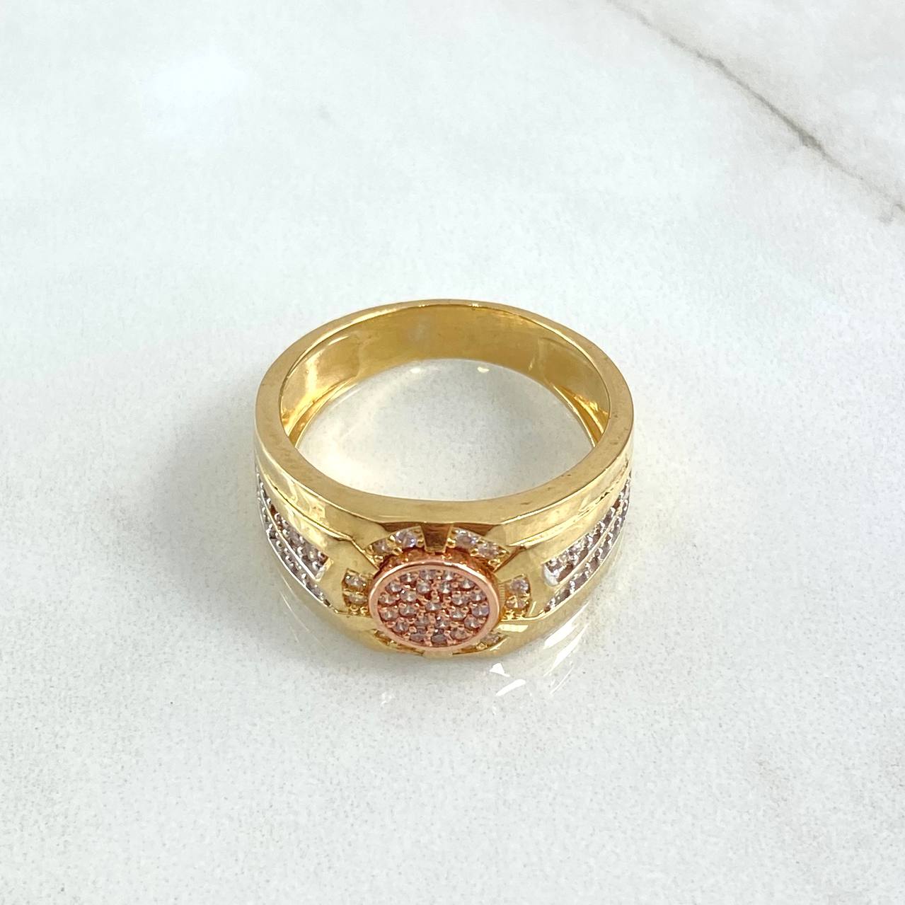 Anillo Mosaico Circular 9.35gr / T10 1/4 / Circones Blancos Oro Amarillo 18K *