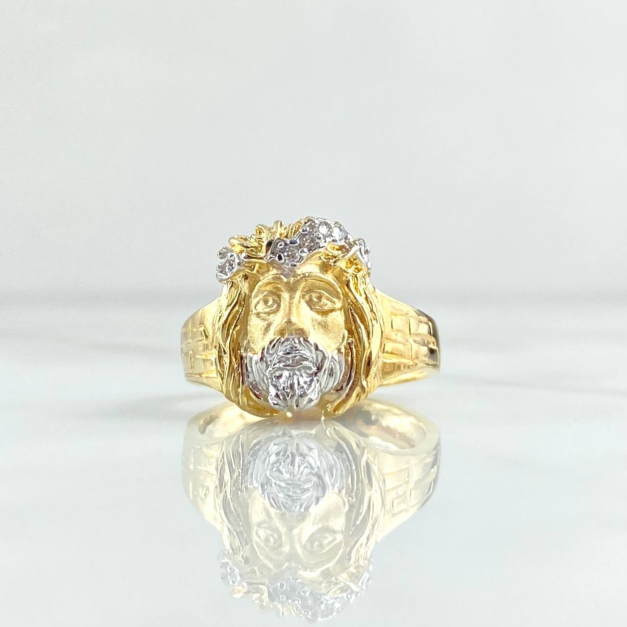 Anillo Rostro De Cristo 6.55gr / T8 3/4 / Circones Blancos Dos Oros Amarillo Blanco 18K *