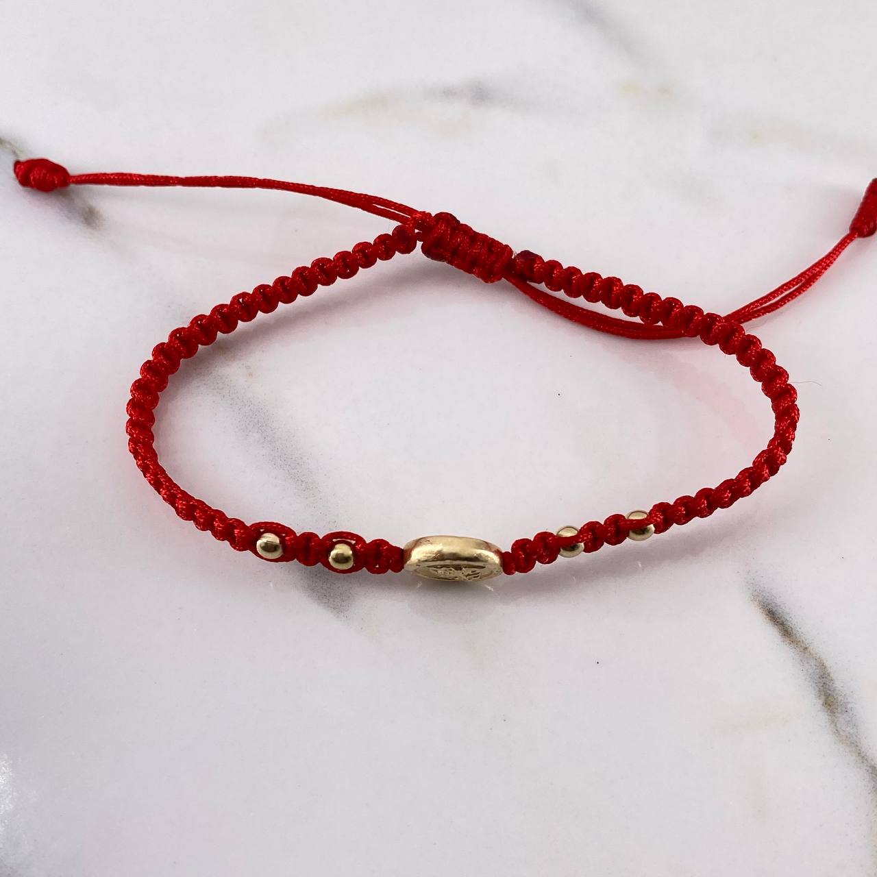 Pulsera Roja San Miguel Arcangel 0.6gr / 3mm Tambor Bolas Lisas Oro Amarillo 18K &