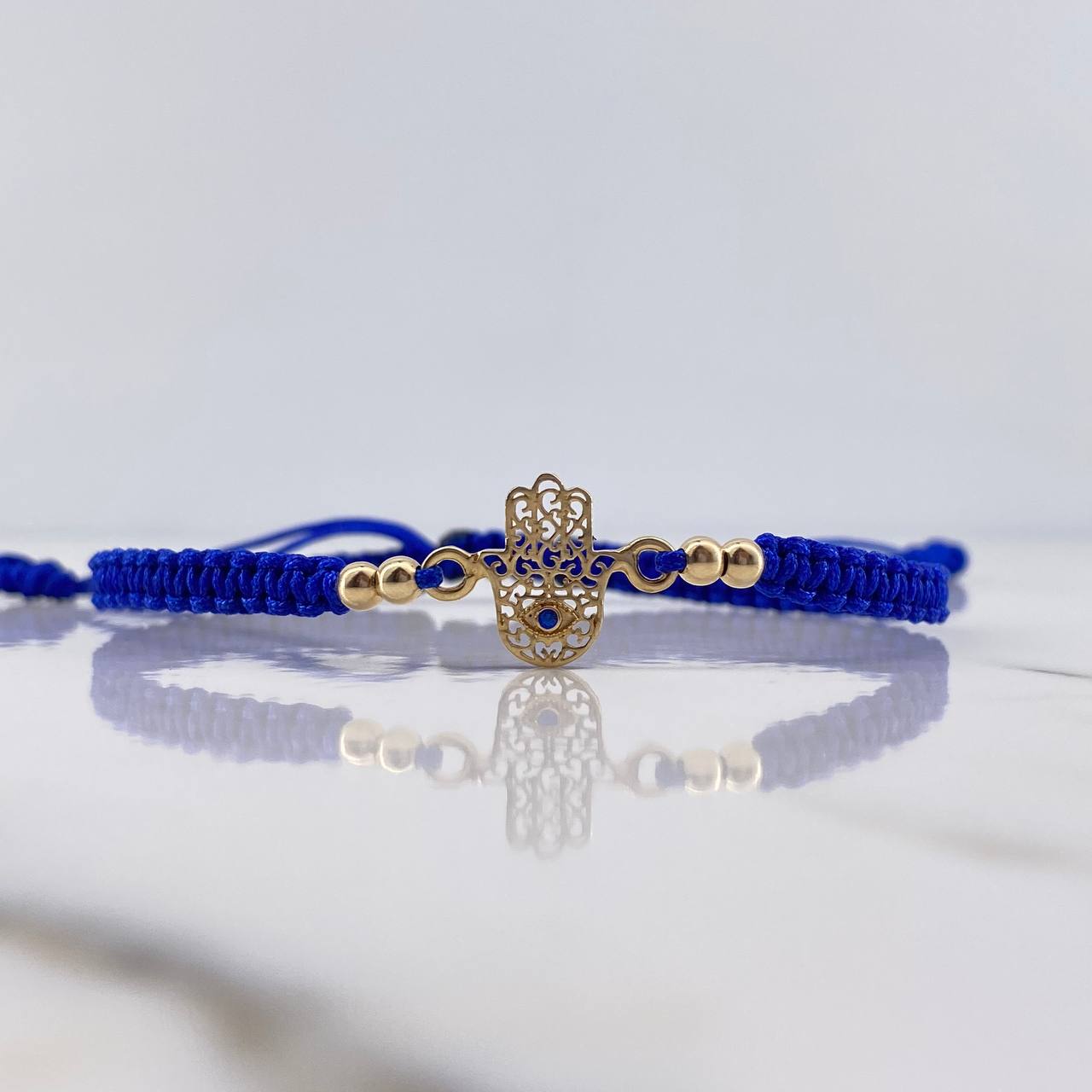 Pulsera Azul Mano Hamsa 0.75gr / 3mm Bolas Lisas Circon Azul Oro Amarillo 18K &