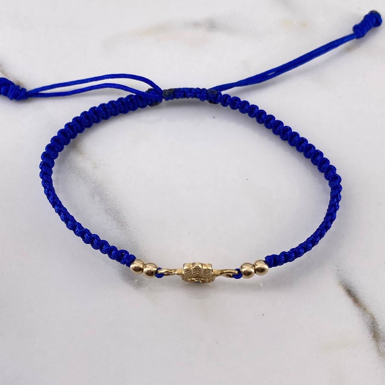 Pulsera Azul Mano Hamsa 0.75gr / 3mm Bolas Lisas Circon Azul Oro Amarillo 18K &