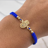 Pulsera Azul Mano Hamsa 0.75gr / 3mm Bolas Lisas Circon Azul Oro Amarillo 18K &