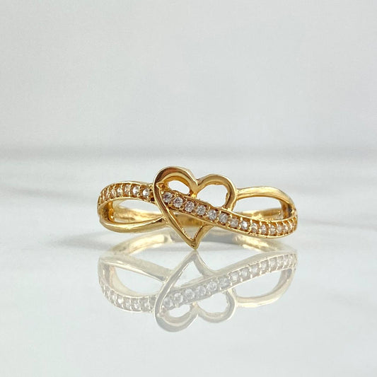 Anillo Corazon Entrelazado 2.45gr / T8 3/4 / Circones Blancos Oro Amarillo 18K