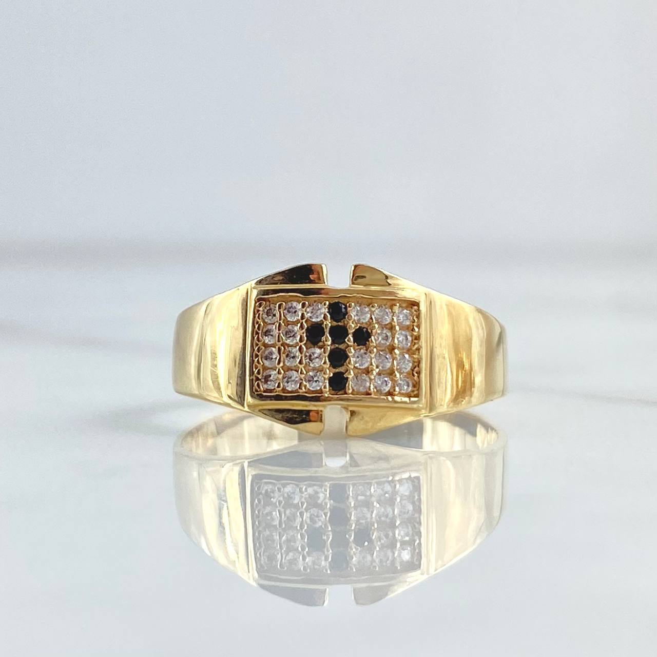 Anillo Cruz Cuadro Grueso 3.2gr / T7 1/2 / Circones Blancos Negros Oro Amarillo 18K